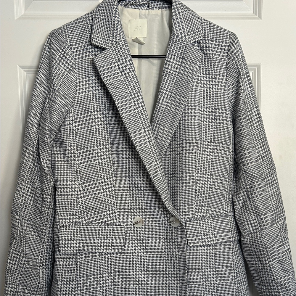 H&M Women's Blue and White Checkered Blazer sz Small